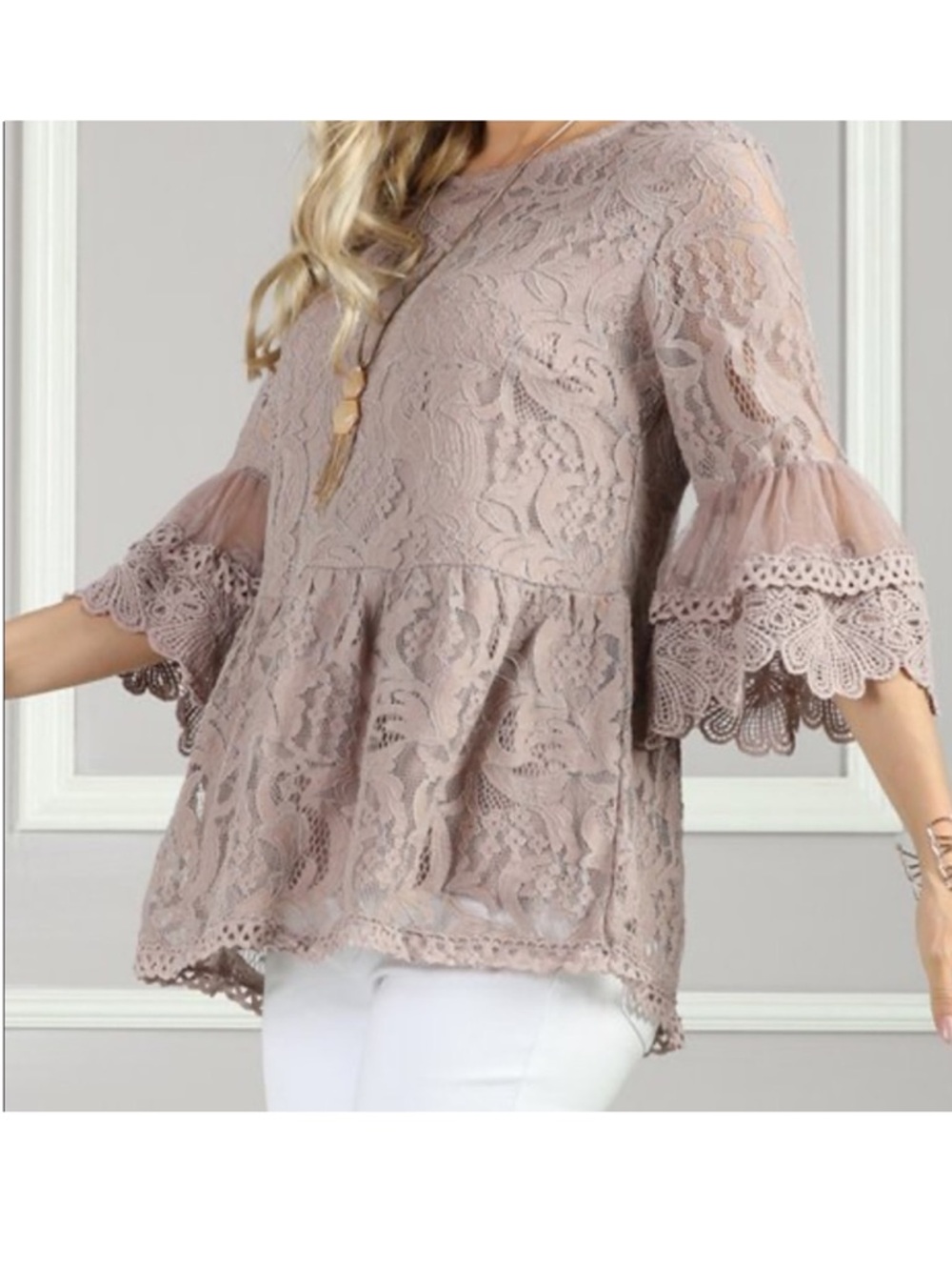 Suzanne Betro New Taupe Lace Empire-Waist Tunic